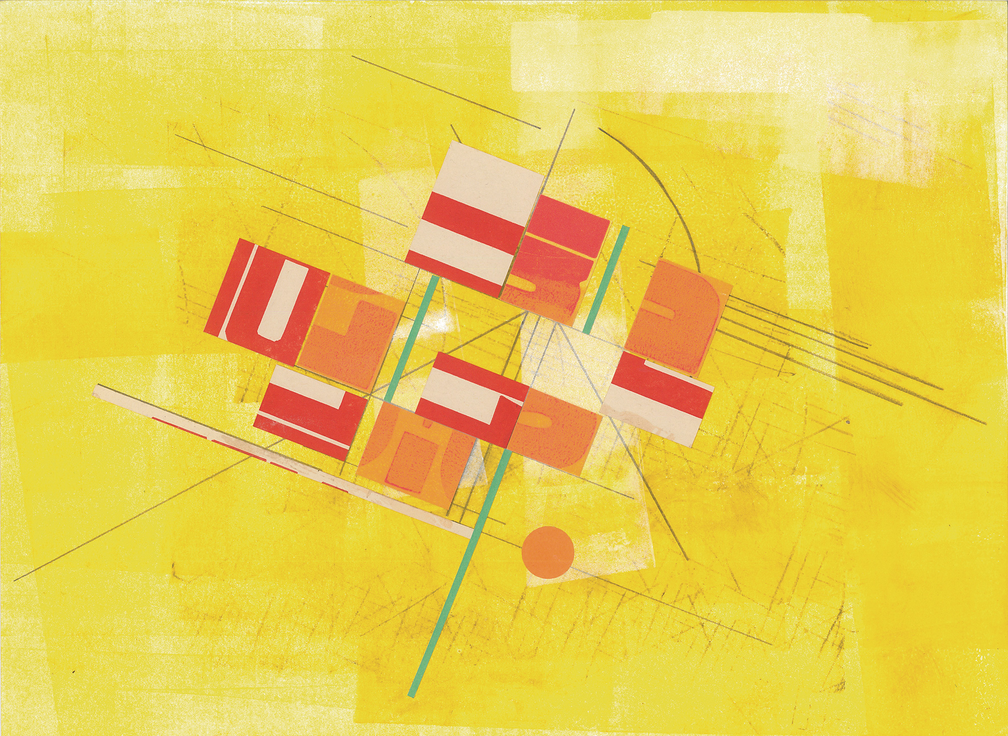 This is a graphic work on paper. The composition is dominated by a bright yellow color which fills the page. Through the transparent yellow ink, the white of the paper shows through, along with faint grids of intersecting graphite lines. Collaged over the yellow, and grouped in the center of the page, are several blocky red and orange shapes that appear to be cropped segments of letters. These red and orange shapes are held in place by more graphite lines and three thin green lines. The artist has provided this poetic description of his work: In *B.*, there is a central concentration of yellow, an excerpt of orange, and portions of large red texts. Not whole words. And three parallel lines of a sea-foam green. Everything else here is tight graphite lines as if we are with the remnants of a ledger or a blueprint.