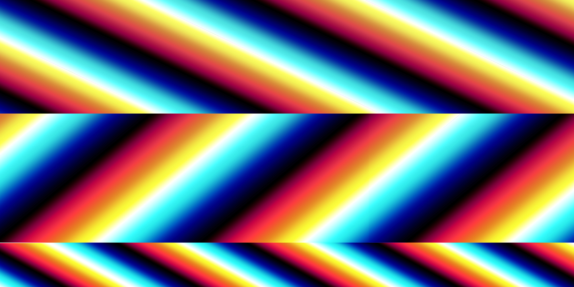 This artwork is a digital interpretation of a serape. The picture plane is divided into three horizontal bands of color, stacked one on top of another. Each of the three bands is composed of gradations of color, from sky blue to deep red. The gradations in the top band angle to the left; those in the central band angle to the right; and those in the bottom band angle to the left again.