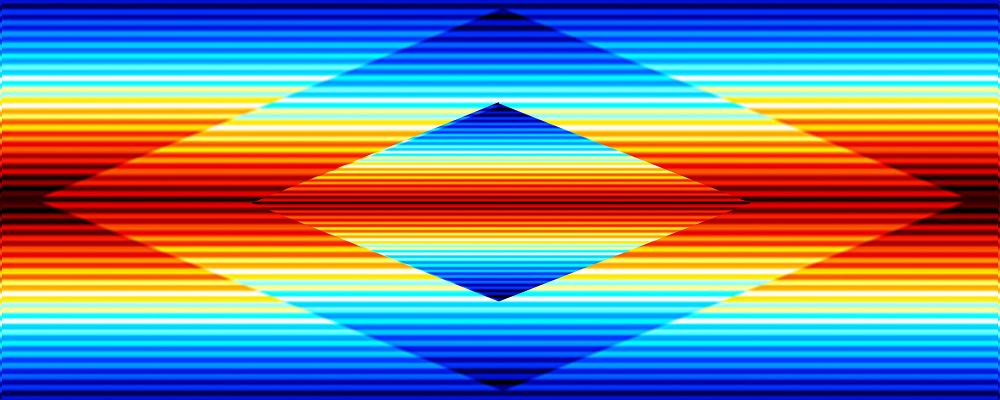 This artwork is a digital interpretation of a serape. It features a full spectrum of colors in a gradient from sky blue to deep red. The image is dominated by two concentric diamond shapes. Both of the diamonds, as well as the background, are composed of thin, layered, horizontal bands of color that shift from blue, to yellow, to red, to yellow again, and then back to blue.