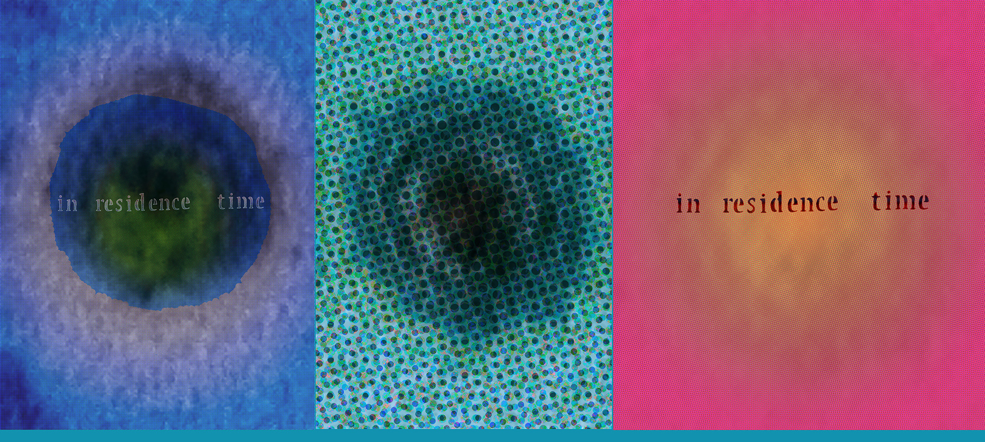 This image is an inkjet print consisting of three rectangular panels arranged in a horizontal row. In the left panel, the words “in residence time” are stamped in white across a blue and green circular form in the center of a pixelated blue color field. The center panel contains a similar circular form, but this one is black and dark blue on a light blue ground, and the panel is also filled with a pattern of overlapping dots in blue, black, green, and pink. The right hand panel shows an orange circular form against a pixelated pink background, and the words “in residence time” are stamped across it in dark red text.