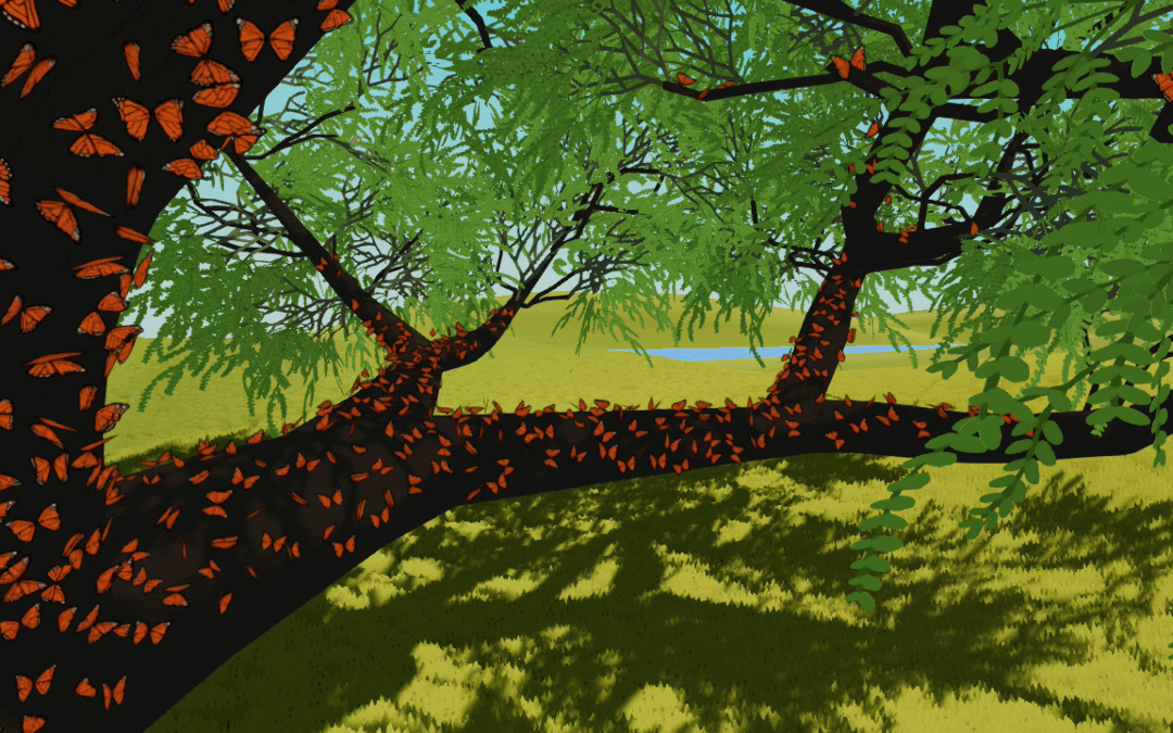 This is a digital animation. The trunk and a branch of a 3D-modeled mesquite tree appear in the foreground on the left side of the image. The branch extends horizontally to the right side of the image. A grassy hillside and a lake can be seen in the distance behind the tree. Three hundred monarch butterflies that were perched on the trunk and branch have just taken flight and are scattered in the air.