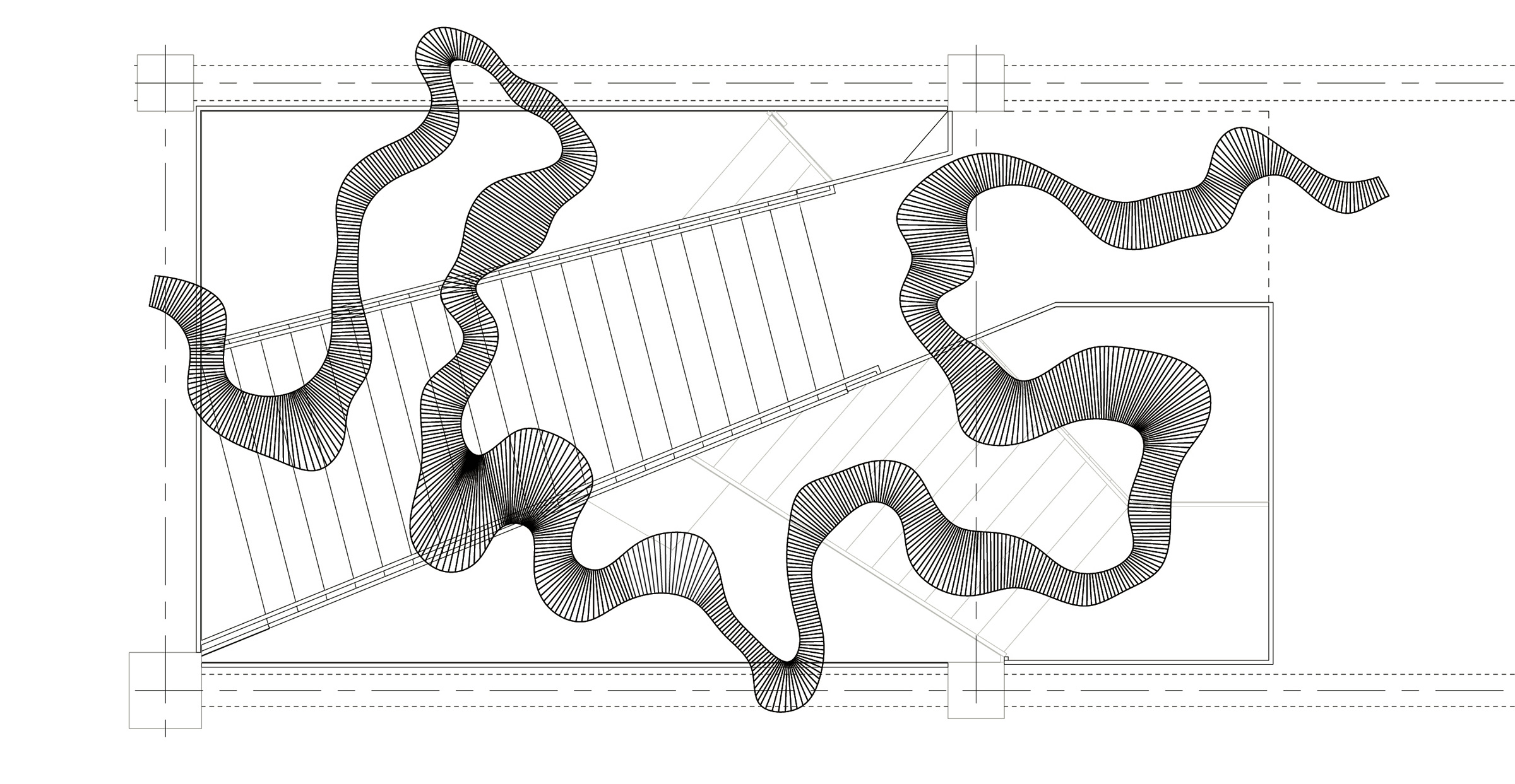 This image is a black-and-white architectural rendering: a plan of the atrium space seen from above, with the artist’s large sculptural installation snaking through the space from left to right.